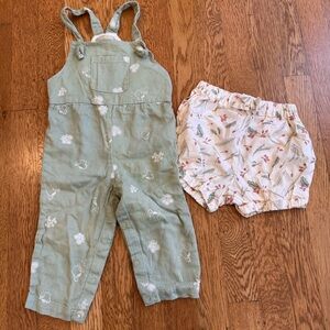 Gingersnaps Green Floral Embroidered Overalls & Cream Floral Bloomers Set, 12 mo